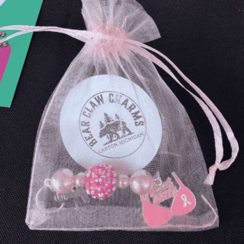 Pink breast cancer awareness charm in a bag.