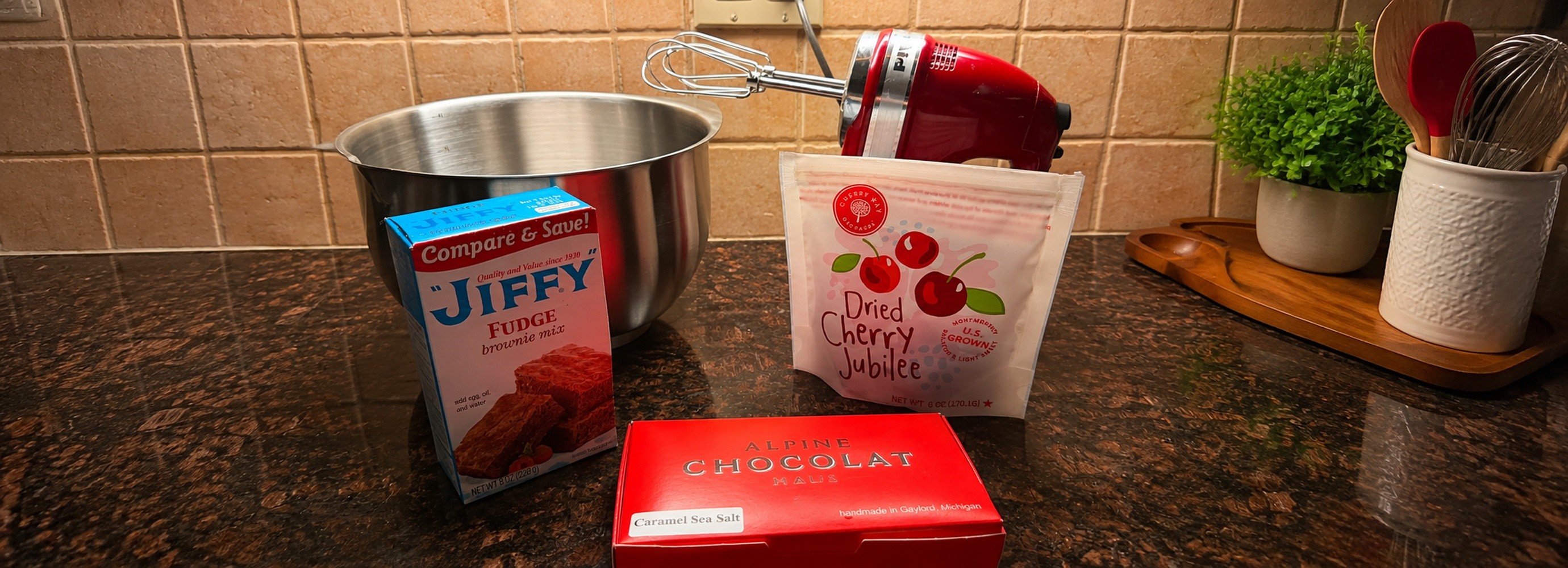 Ingredients to make chocolate cherry brownie ice cream.