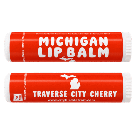Red tube of lip balm with Michigan Lip Balm written on it