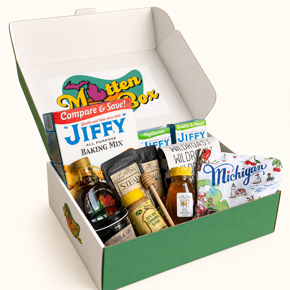 Gift box filled with merchandise from Michigan, including breakfast treats.